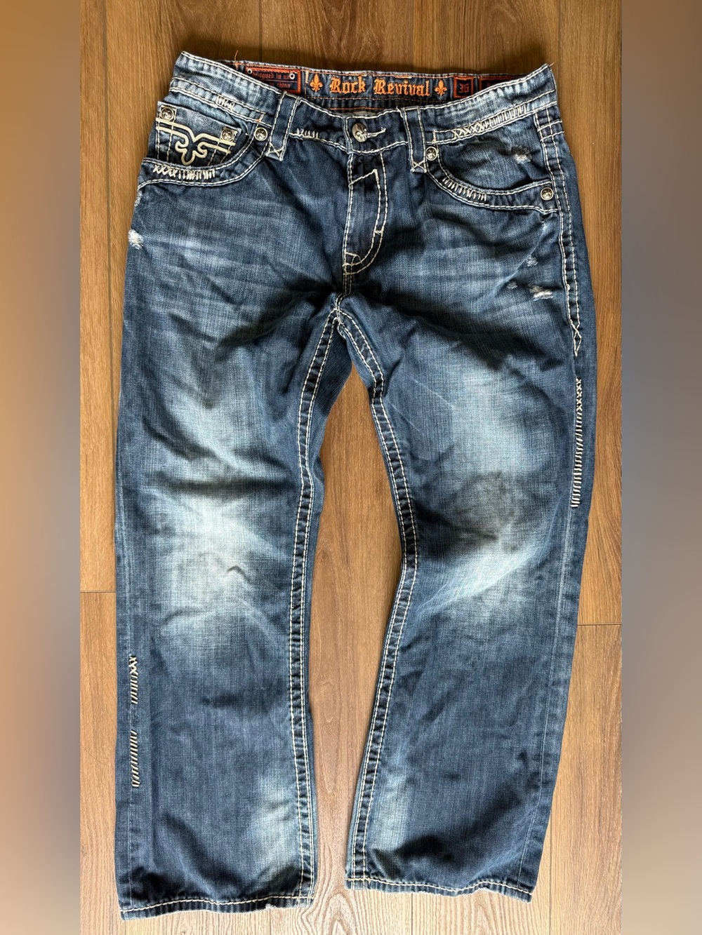 Rock Revival 36 Jeans Men’s Ronnie Boot Cut Denim Distressed Embroidered Western